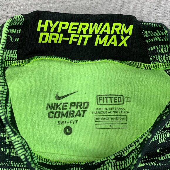 Nike Pro Combat Men Shirt Large Fitted Green Black Striped Hyperwarm Dri-Fit Max - Picture 3 of 10